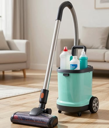 Professional cleaning equipment including a modern vacuum and eco-friendly cleaning supplies organized in a caddy, set against a clean, light wood floor in a sunlit modern apartment. Colors include soft seafoam and off-white.