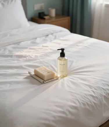 Close-up of a perfectly made bed in a bright Airbnb apartment, featuring crisp white linens and a small welcome kit with soap and shampoo. The lighting is warm and natural, with soft seafoam and muted teal accents in the room decor.