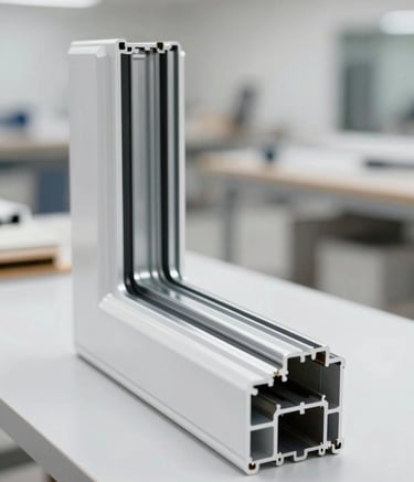 A close-up of high-quality aluminium window frames being meticulously finished in a clean, modern workshop. The lighting is bright and professional, highlighting the craftsmanship and the metallic textures of #B7A598 and #F8F5F2 hues.