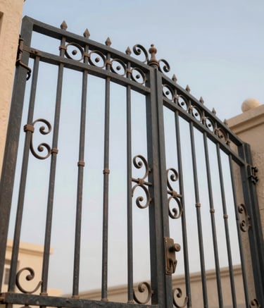 A sophisticated iron gate featuring intricate custom metalwork scrolls. The image is shot from a low angle to emphasize strength and reliability, with a professional architectural photography style. Colors include deep charcoal (#2C272E) and bronze accents (#6B4C38) against a clean Riyadh sky.
