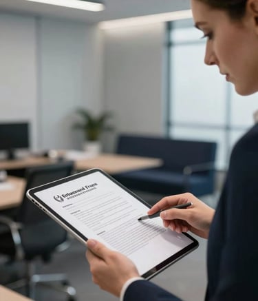 A close-up of two professionals in a high-end office setting, reviewing a document together on a tablet. The background is a soft-focus modern workspace with silver grey walls and dark navy furniture accents. The lighting is crisp and professional.