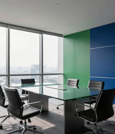 A wide-angle shot of a bright, modern corporate boardroom with a large glass table. The room features subtle accents of forest green and deep petrol blue in the decor. Soft morning light streams through floor-to-ceiling windows, creating a clean, professional atmosphere.