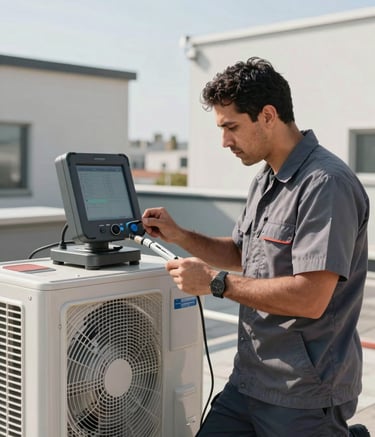 A professional Latin American technician in a clean uniform using high-tech diagnostic tools to inspect an outdoor air conditioning unit. The setting is a modern rooftop with clean lines, bathed in bright, natural daylight. The style is professional and sharp photography.