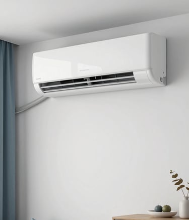 A sleek, modern split-type air conditioner mounted on a clean white wall in a minimalist Latin American living room. The room is bright and airy with soft blue accents in the decor, reflecting a cool and comfortable atmosphere.