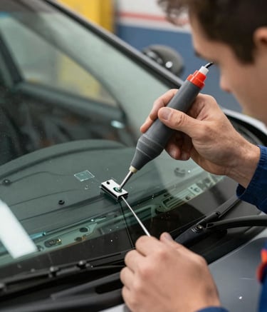 A close-up high-resolution photograph of a professional technician in a clean uniform using precision vacuum tools to repair a chip in a car windshield. The lighting is bright and clear, emphasizing the transparency of the glass and the quality of the resin tools in a North American / US garage setting.