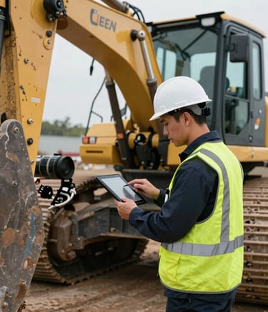 A professional photograph of an inspector in a high-visibility vest and white hardhat examining the hydraulic system of a large earthmover, using a digital tablet for assessment in a North American industrial setting.