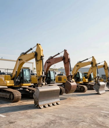 A professional wide-angle photograph of a fleet of clean, modern heavy construction equipment, including excavators and bulldozers, parked neatly at a North American industrial lot during a bright, clear morning.