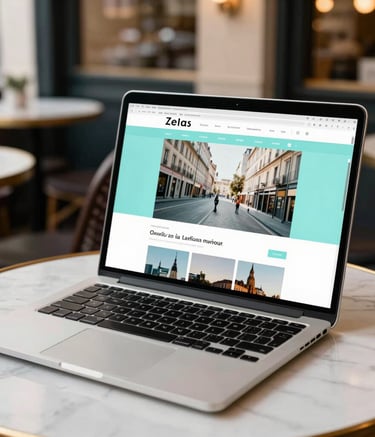 Close up of a sleek laptop displaying a website with pale cyan accents on a white marble table in a French cafe, warm morning light, European setting.