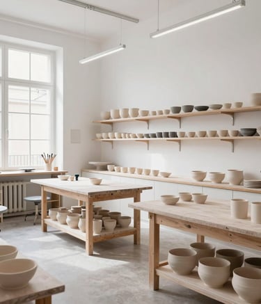 Wide shot of a modern artisan pottery workshop in France, clean white walls, bright natural light, featuring elegant tools and finished work, professional photography.