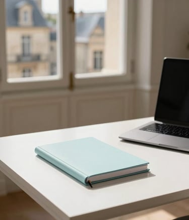 Photography of a high-end minimalist office desk in a French town, bright sunlight through a window showing stone architecture, a pale cyan notebook and a sleek laptop on the white desk.