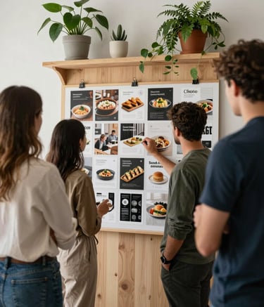 A candid, professional shot of a team in a North American / European agency studio. They are looking at a mood board filled with restaurant branding and social media mockups. The office has a cozy Scandinavian aesthetic with light wood and matte forest green plants. Natural lighting, sophisticated atmosphere.