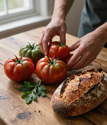A high-angle, professional photograph of a North American / European food stylist arranging fresh heirloom tomatoes and artisanal sourdough on a rustic wood table. Soft, natural morning light filters through a window. The palette features deep ripe crimson and matte forest green accents from fresh herbs.
