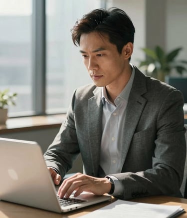 A focused adult professional in a sunlit North American office, working on a sleek laptop with a determined and confident expression, high-end professional environment with soft natural lighting.