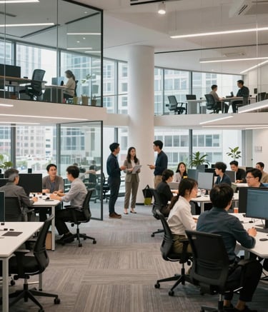 A wide shot of a modern, collaborative tech workspace in a major US city, featuring glass partitions, clean lines, and professionals engaged in dynamic group discussion, bright and airy atmosphere.