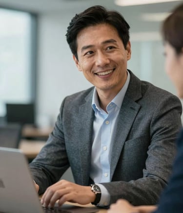 A professional mentor in a contemporary business-casual North American office setting, sharing insights with a supportive smile, shallow depth of field with a clean corporate background.