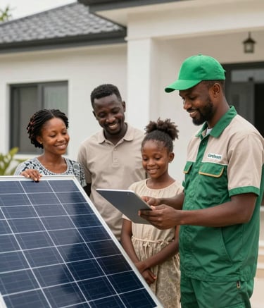 A satisfied Nigerian family standing outside their modern home, smiling as a Geetecky technician in a branded uniform finishes inspecting their newly installed solar power system. Bright, clean, and highly trustworthy, incorporating subtle hints of #0F1D2C, #2A735E, #B49A67, and #F4F8F7 in the environment.