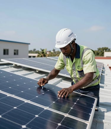 A close-up of a professional Geetecky solar technician in a safety helmet, confidently working on a high-tech solar panel array on a commercial building roof in Lagos. Clear blue sky, modern, premium aesthetic, integrating the brand colors #0F1D2C, #2A735E, #B49A67, and #F4F8F7 in the composition.
