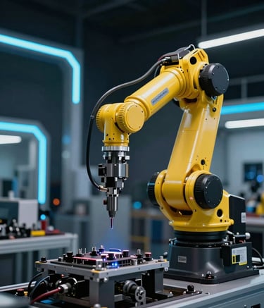 A high-tech industrial robotic arm performing precision assembly in a modern automotive factory. The scene is illuminated with neon blue lighting accents against deep black shadows. Latin American manufacturing setting, engineering excellence, clean and futuristic.