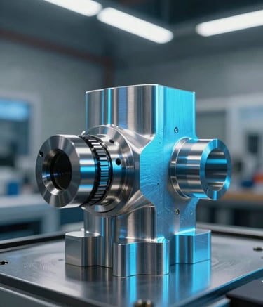 Macro photography of a precision CNC machined aluminum component. The metallic surface reflects neon blue and bright cyan light from overhead industrial lamps. Professional high-tech engineering workshop in a Latin American industrial park in the background, sharp focus, high contrast.