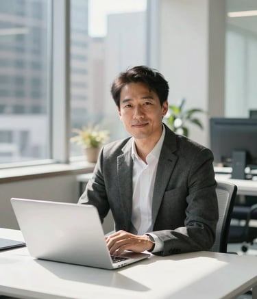 A professional portrait of a growth marketing expert in a bright, modern office in a North American city. The subject is sitting at a clean, white desk with a high-end laptop, dressed in smart business attire. Natural sunlight illuminates the scene, creating a sophisticated and efficient atmosphere.