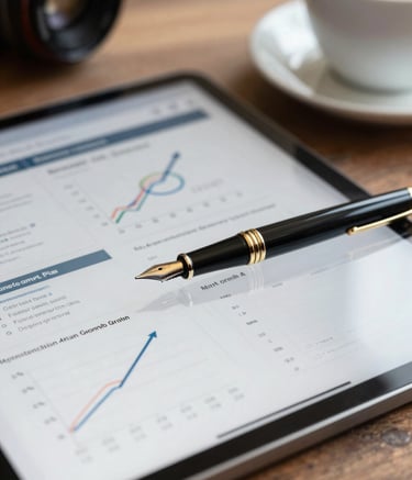 A close-up photograph of a professional workspace including a tablet showing a blurred strategic plan, a premium fountain pen, and a cup of coffee. The lighting is crisp and clear, reflecting a modern North American business setting focused on detailed growth planning.