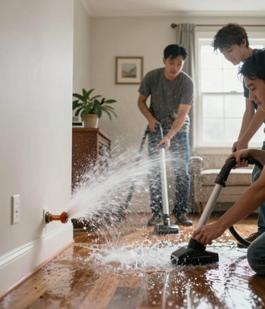 Technician using a powerful pump to remove water from a flooded living room.