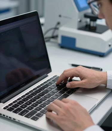 A close-up photograph of a professional technician in a clean, modern lab in Southern Europe, carefully inspecting the keyboard and screen of a premium ultrabook. The lighting is soft and focused, highlighting the metallic finish of the laptop. The background is slightly blurred with hints of high-tech testing equipment in Navy and Grey-Blue tones.