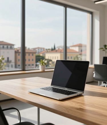 A wide-angle professional photograph of a bright, contemporary Italian office workspace. A sleek, high-end business laptop sits open on a minimalist wooden desk. Large windows in the background show a sunny Southern European urban landscape. The scene is clean, organized, and breathes sophistication.