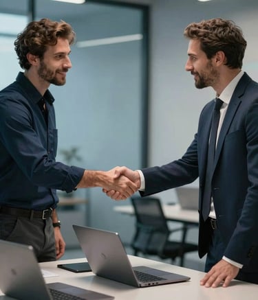 A high-quality lifestyle photograph of an Italian professional in business attire, shaking hands with a technician in a modern, blue-toned office. On the table between them, several high-end laptops are displayed, representing trust and personal consultation.
