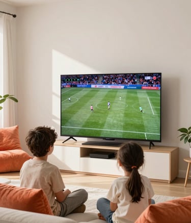 A bright North American / US family room featuring a modern television showing a high-definition sports match. The room has soft off-white walls and bright coral orange accent pillows, illuminated by warm natural sunlight.