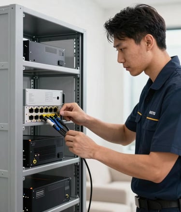 A professional technician in a clean uniform carefully installing high-tech networking hardware in a modern North American / US home setting, bright lighting, steel grey equipment.