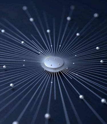 A high-precision technical visualization of a secure network node. The composition is centered and symmetrical, featuring thin, sharp lines in #6B8FA2 and #DDE4E9 against a deep #1A2E3D background. The lighting is soft and directional, emphasizing structural integrity and reliability without any human presence or clutter.