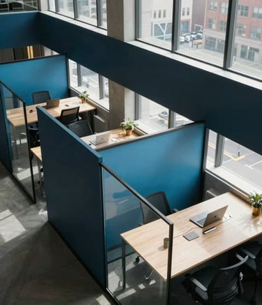 A high-angle photograph of a sleek, minimalist co-working space in a North American city. Features dark navy and sky blue accents with glass partitions. Natural sunlight streams through large windows, creating a bright atmosphere.