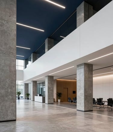 A wide-angle interior shot of a tech-forward corporate lobby in North America. The architecture is sharp and modern, featuring polished concrete, steel columns, and a color palette of dark navy and off-white. Soft, recessed LED lighting highlights the clean, efficient lines of the space.