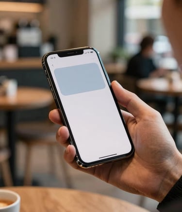 A close-up photograph of a professional's hands holding a modern, thin smartphone. The screen displays a crisp interface with blue-gray and off-white tones. The background is a blurred high-end cafe in a US metropolitan area, emphasizing a mobile, efficient lifestyle.