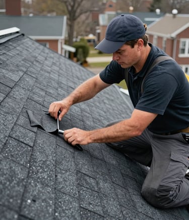 Close-up photography of a professional roofing contractor in professional attire installing high-quality asphalt shingles on a residential roof in a North American / New York City neighborhood.