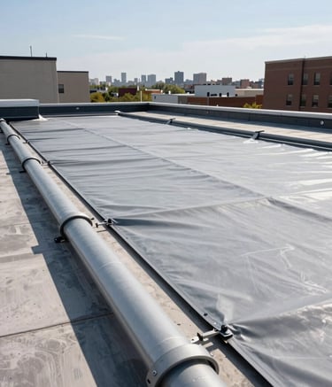 Wide shot of a clean, professionally installed commercial flat roof on a North American / New York City building, featuring modern drainage systems and high-quality grey membranes under bright daylight.