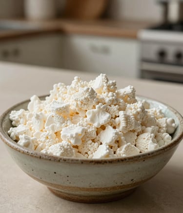 A close-up, high-detail photograph of creamy white kefir grains in a rustic ceramic bowl. The lighting is soft and natural, emphasizing the organic texture. The background is a clean, pale beige kitchen counter in a minimalist Mexican home.