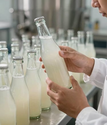 A professional and clean photograph of a production area in Jalisco. A person in white attire is carefully inspecting glass bottles of kefir. The lighting is bright and clinical yet warm, showcasing high quality standards.