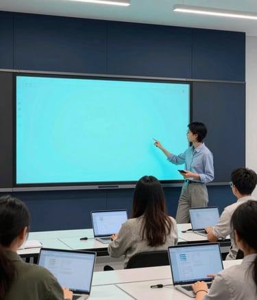 Interior shot of a sunlit, modern North American university classroom. Students are using sleek, white laptops and interacting with a giant electric cyan digital whiteboard. The architecture is minimalist with dark navy blue accents. Professional architectural photography, bright natural lighting.