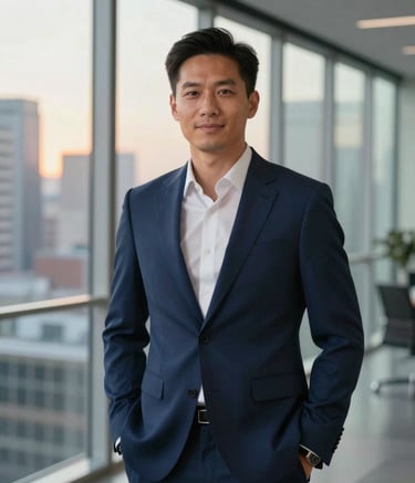 A professional portrait of a man in a well-tailored navy blue suit, standing confidently in a modern glass-walled office in a North American city. He has a welcoming and empowering expression. The background shows a blurred cityscape with soft gold light from a setting sun, conveying trust and achievement.