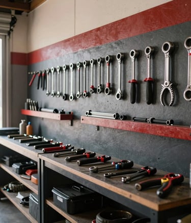 A wide-angle photography shot of a clean, organized motorcycle workshop in a South American setting. A row of professional tools is neatly arranged on a wall with dark gray and deep red accents. Bright, natural lighting coming from a side window.