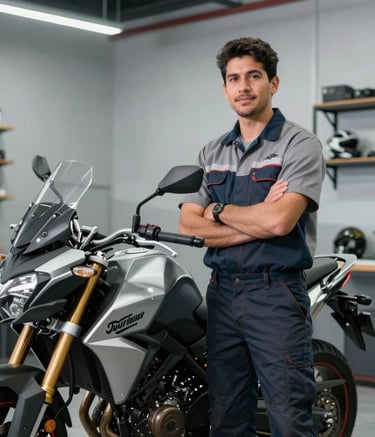 A professional South American mechanic in a clean uniform standing next to a modern motorcycle, looking confident in a bright, modern workshop. The color palette features light gray walls and dark metallic accents.
