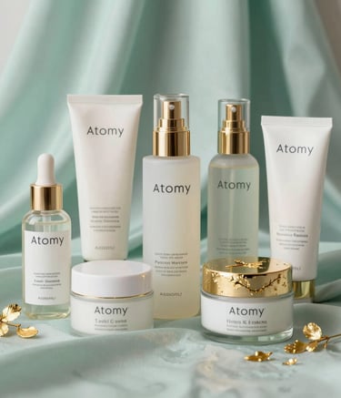 Elegant arrangement of premium skincare and health products from Atomy, styled with gold leaf accents and mint green silk, soft morning photography, high-end commercial style.