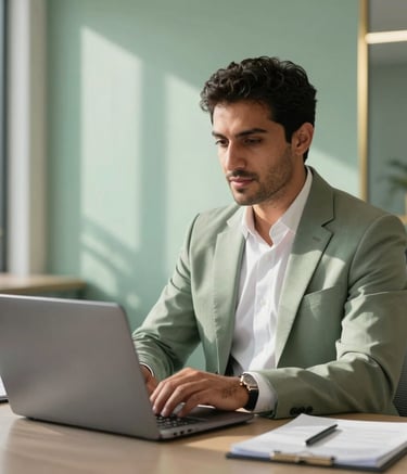 A professional Middle Eastern entrepreneur in a modern, sun-lit office in Casablanca, wearing elegant attire, looking confidently at a laptop, with subtle sage green and gold accents in the decor.