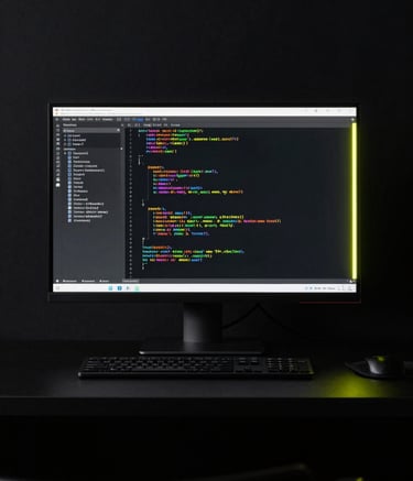High-end photography of a minimalist, high-tech workstation in a deep black room. A sleek monitor displays abstract code, illuminated by a vibrant neon yellow glow from an unseen light source. The mood is precise and modern.