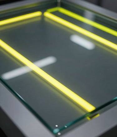 A close-up, sharp-focus shot of a futuristic glass interface. Reflections of vibrant neon yellow light streak across the charcoal grey surface. The composition is sleek and high-tech, emphasizing innovation.