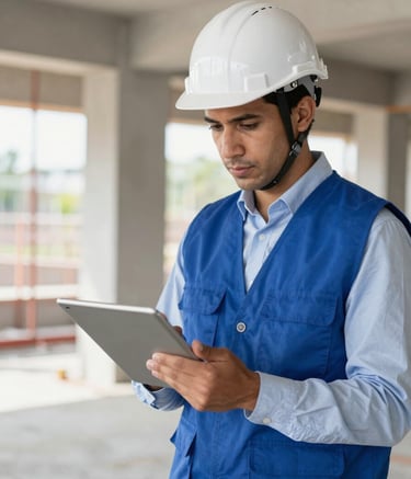 A professional South American engineer wearing a white safety helmet and a Prussian Blue vest, holding a digital tablet and inspecting a clean construction site. Bright, modern lighting reflecting credibility and technology.