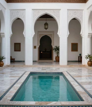 Deep focus photography of a luxury Riad interior in Marrakech, showcasing a spotless and pristine courtyard with a central pool. The color palette includes mist white walls and soft sage decorative elements. The lighting is soft morning sun, creating a sophisticated and professional atmosphere.