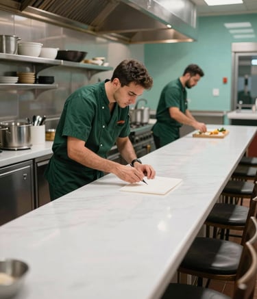 A wide-angle shot of a high-end restaurant kitchen in Marrakech, displaying extreme cleanliness and organization. A professional in a dark forest green uniform is visible in the background, subtly performing a maintenance check. The lighting is bright and clean, emphasizing efficiency and reliability, with mist white surfaces and muted teal accents.